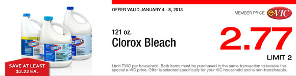 Clorox Bleach - 121 oz : eVIC Member Price - $2.77 ea - Limit 2