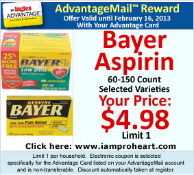 Bayer Aspirin, 60-150 Count - Selected Varieties, AdvantageMail Price: $4.98, Limit 1