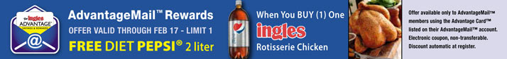Get a Free Diet Pepsi 2 Liter when you buy one Ingles Rotisserie Chicken, Limit 1
